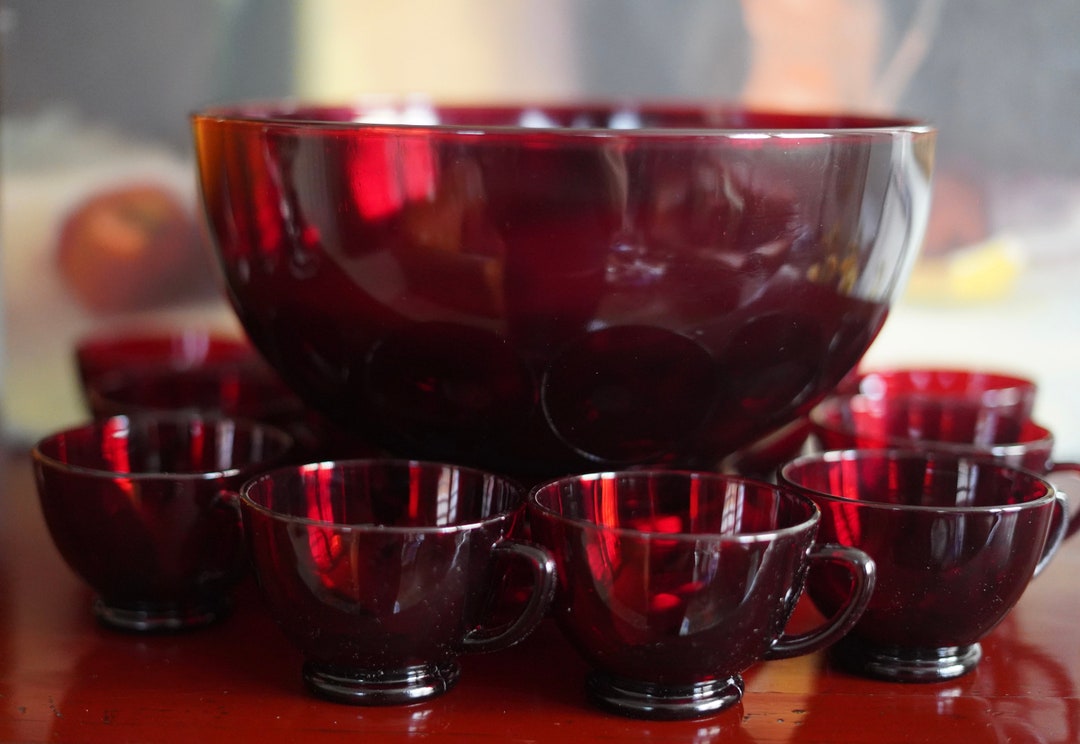Vintage Footed Punch Bowl With Glasses Red Punch Bowl Set Etsy