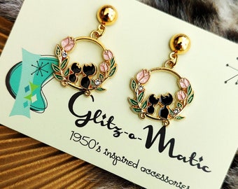 1950s style gold cat couple hoops black earrings glitz-o-matic