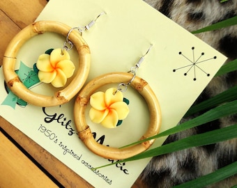 1950s style tiki bamboo yellow plumeria hoop earrings Glitz-O-Matic Glitzomatic