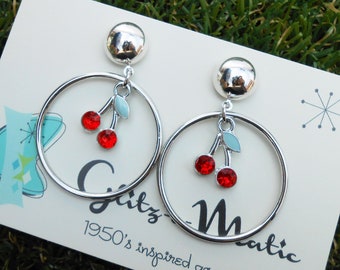 1950s bad girl style cherry silver hoop earrings Glitzomatic