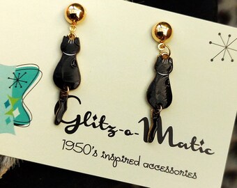 1950s style black cat earrings pendant earrings glitz-o-matic