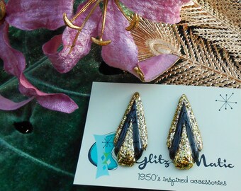 black and gold art deco style confetti earrings glitzomatic glitz-o-matic