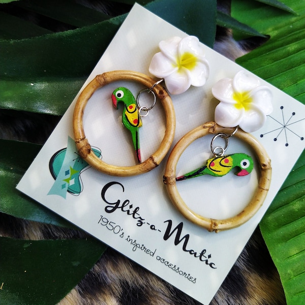 1950s style tiki bamboo hoop earrings green parrot Glitz-O-Matic Glitzomatic