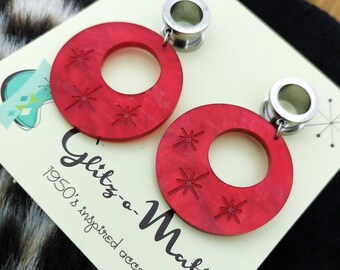 1950s style plugs red marbled hoops with carved starbursts atomic stars glitzomatic