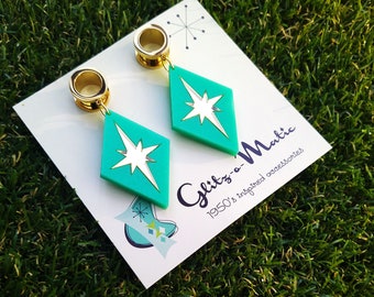 Jaren 1950 stijl pluggen goud mint groene atomaire sterren glitzomatic