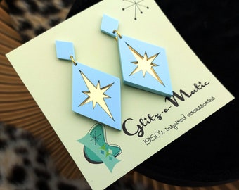 1950s style atomic starburst diamond earrings blue & gold mirror glitz-o-matic glitzomatic