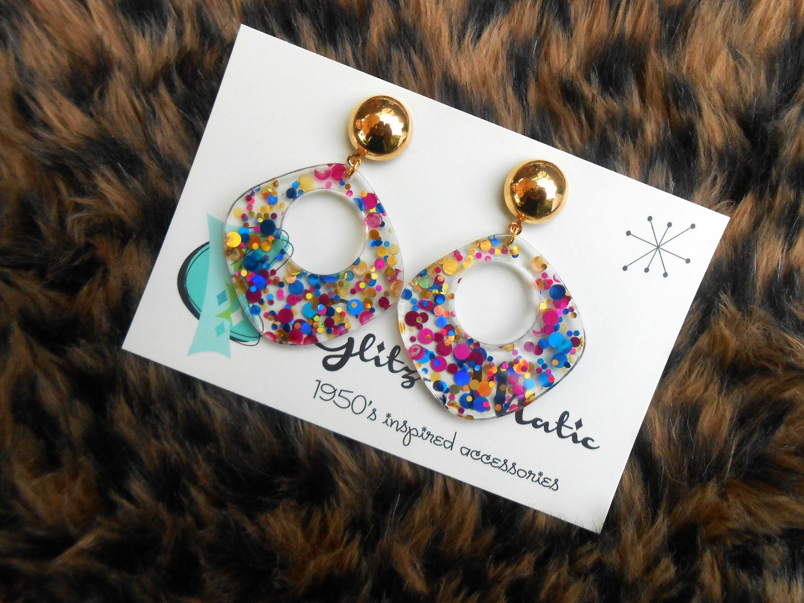 1950s style glitter earrings gold purple blue Glitz-O-Matic | Etsy