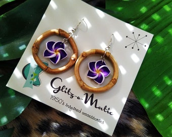 1950s style tiki bamboo hoop earrings purple flowers Glitz-O-Matic Glitzomatic