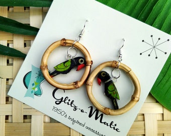 1950s style tiki bamboo hoop earrings with black parrots Glitz-O-Matic Glitzomatic