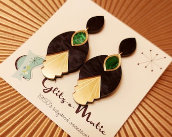 art deco inspired earrings in black and green marble and gold mirrorglitzomatic glitz-o-matic