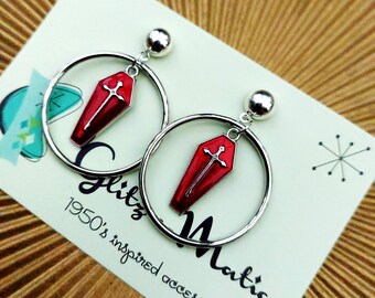 1950s style silver coffin halloween hoops glitz-o-matic