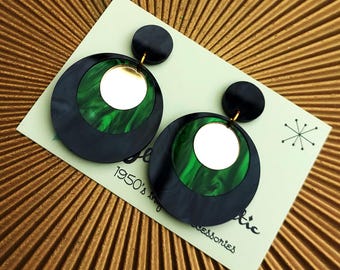 art deco inspired round earrings in marble black, green and gold glitzomatic glitz-o-matic