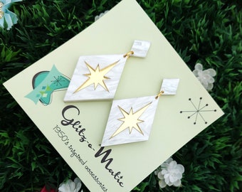1950s style atomic starburst diamond earrings in white marble and gold mirror glitzomatic glitz-o-matic
