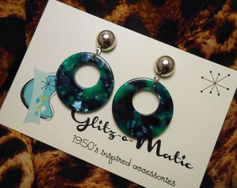 1950s style blue green hoop earrings glitzomatic glitz-o-matic