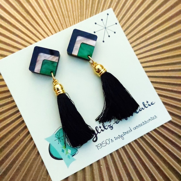 art deco inspired tassel earrings in marbled black, green & champagne by glitzomatic glitz-o-matic