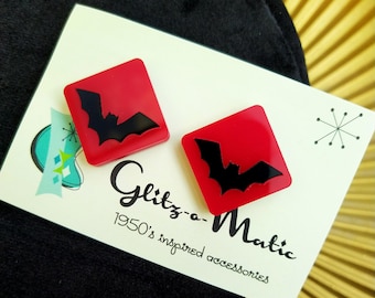 1950s style square bat earrings in red & black by glitzomatic glitz-o-matic