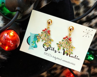 1950s style kiss me under the mistletoe christmas earrings  Glitz-O-Matic Glitzomatic