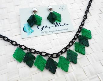 Jaren 1950 stijl vintage groen blad oorbel ketting sieraden set glitter-o-matic