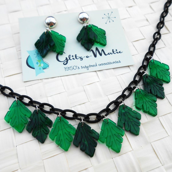 Jaren 1950 stijl vintage groen blad oorbel ketting sieraden set glitter-o-matic