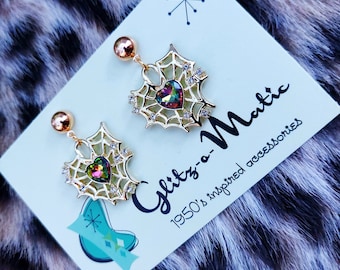 1950s style heart spiderweb rhinestone gold earrings glitzomatic halloween