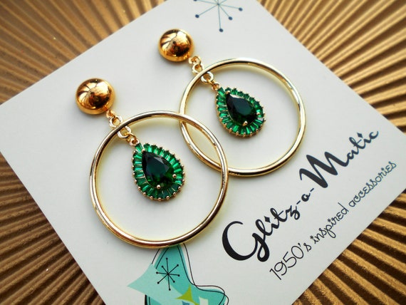 1950s Bad Girl Style Gold Green Diamonds Hoop Earrings Glitzomatic Etsy Australia