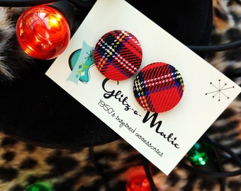 1950s style checkered red tartan earring glittz-o-matic