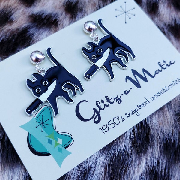 1950s style silver dangerous kitty earrings glitzomatic halloween