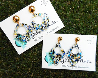 1950s style glitter earrings gold black blue Glitz-O-Matic Glitzomatic