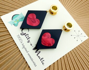 1950s style gold tunnels with red heart black diamond pendants  glitzomatic