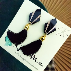art deco inspired tassel earrings in marbled black & champagne by glitzomatic glitz-o-matic