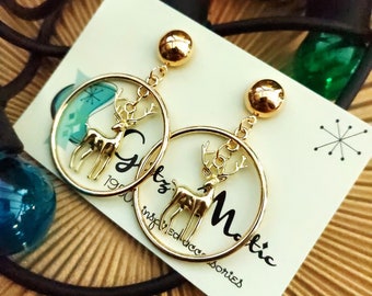1950s bad girl style Christmas hoop earrings with deer Glitzomatic