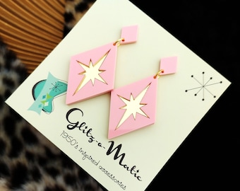 1950s style atomic starburst diamond earrings in pink and gold mirror glitzomatic glitter-o-matic