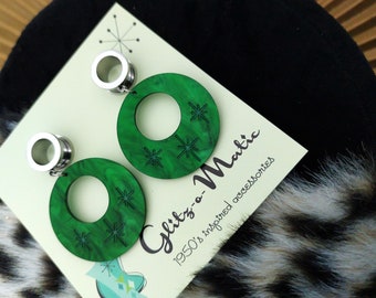1950s style plugs green marbled hoops with carved starbursts atomic stars glitzomatic