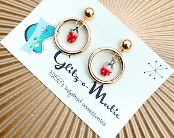 1950s style small bad girl strawberry hoops in gold glitz-o-matic