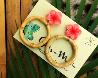 1950s style tiki bamboo hoop earrings pink flower Glitz-O-Matic Glitzomatic