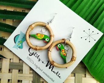 1950s style tiki bamboo hoop earrings with green parrots Glitz-O-Matic Glitzomatic