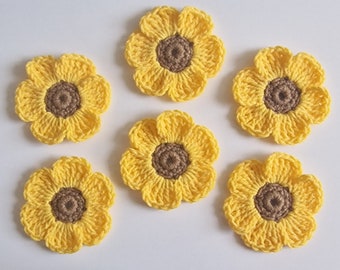 Sunflowers set of 6 hand crocheted flowers for crafts, scarpbooking, card making, appliques to sew on clothes, flower embellishments