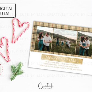 Kerstkaart voor groeiende familie, kerstfotokaart met Schotse ruit, babyaankondigingskaart kerst, familiefoto kerst, afdrukbare kaart