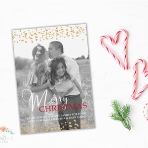 Kerstkaart voor groeiende familie, kerstbabyaankondiging, kerstkaart met foto, glitterkerstkaart, gouden glitterkaart, nieuwe babykaart