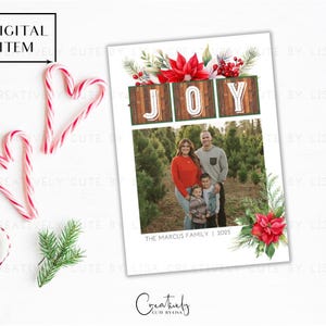 Kerstfotokaart, kerstkaart met aquarel bloemen, Joy Card, fotokaart kerst, boerderij kerstkaart, afdrukbare kerstkaart