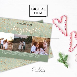 Merry Christmas-fotokaart, familiefotokaart, zelden rustig, altijd helder, goudfolie, kerstkaart fotocollage, afdrukbare kerstkaart