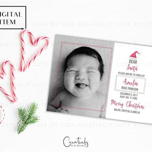Faire-part de naissance de Noël, carte photo de Noël, le père Noël a une nouvelle étape, faire-part de naissance pour les fêtes, faire-part de bébé, carte imprimable