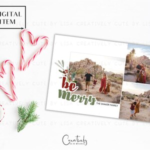 Be Merry Urlaub Familie Fotokarte, Foto Weihnachtskarte, Aquarell Blumen Weihnachtskarte Holly, druckbare Weihnachtskarte