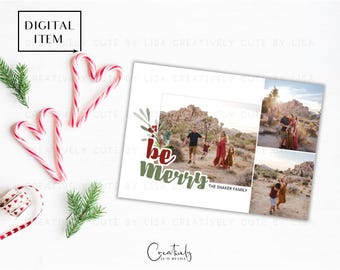 May include: A digital Christmas card with family photos, candy canes, and greenery. The card features the text "be Merry" in red and green, with the family name below. Includes a "DIGITAL ITEM" label.