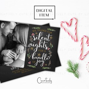 Faire-part de naissance de Noël, Nous avons échangé des nuits silencieuses, Bundle of Joy, Carte de Noël photo, Carte de Noël imprimable, Carte recto-verso