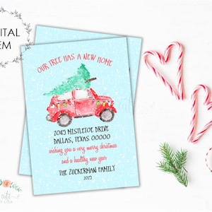 Bewegende kerstaankondiging, verhuisaankondiging vakantie, boom is verhuisd, nieuw huis, adreswijziging, familiefoto kerst, fotokaart
