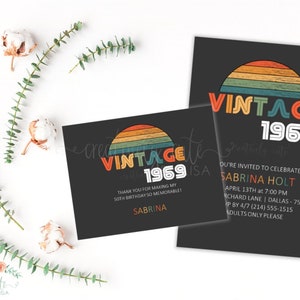 Vintage Geburtstagseinladung 1969, 50. Geburtstagseinladung, Vintage Geburtstag, Geburtstagseinladung und Dankeskarte, printable Einladung