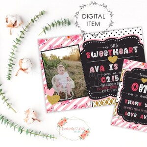 Valentinstag-Einladung zum Geburtstag, kleiner Schatz, erste Geburtstagsfeier, Einladung zum Geburtstag des Mädchens, Dankeskarte, Valentine Baby