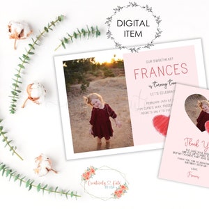 Faire-part de fête d'anniversaire aquarelle Saint-Valentin, petite chérie, premier anniversaire, faire-part d'anniversaire fille, carte de remerciement, anniversaire moderne