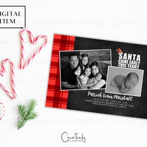 Faire-part de naissance de Noël, carte photo de Noël, faire-part de naissance pour les fêtes, le père Noël est arrivé tôt, carte de Noël tableau, carte à imprimer